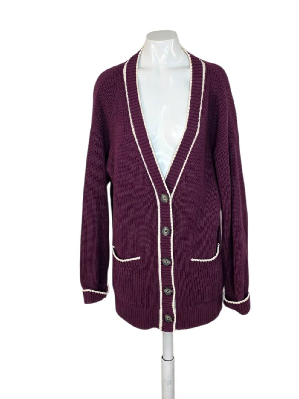 Old Navy Button Up Plum Ribbed Knit Cardigan, Contrast Trim, Pockets, Size L